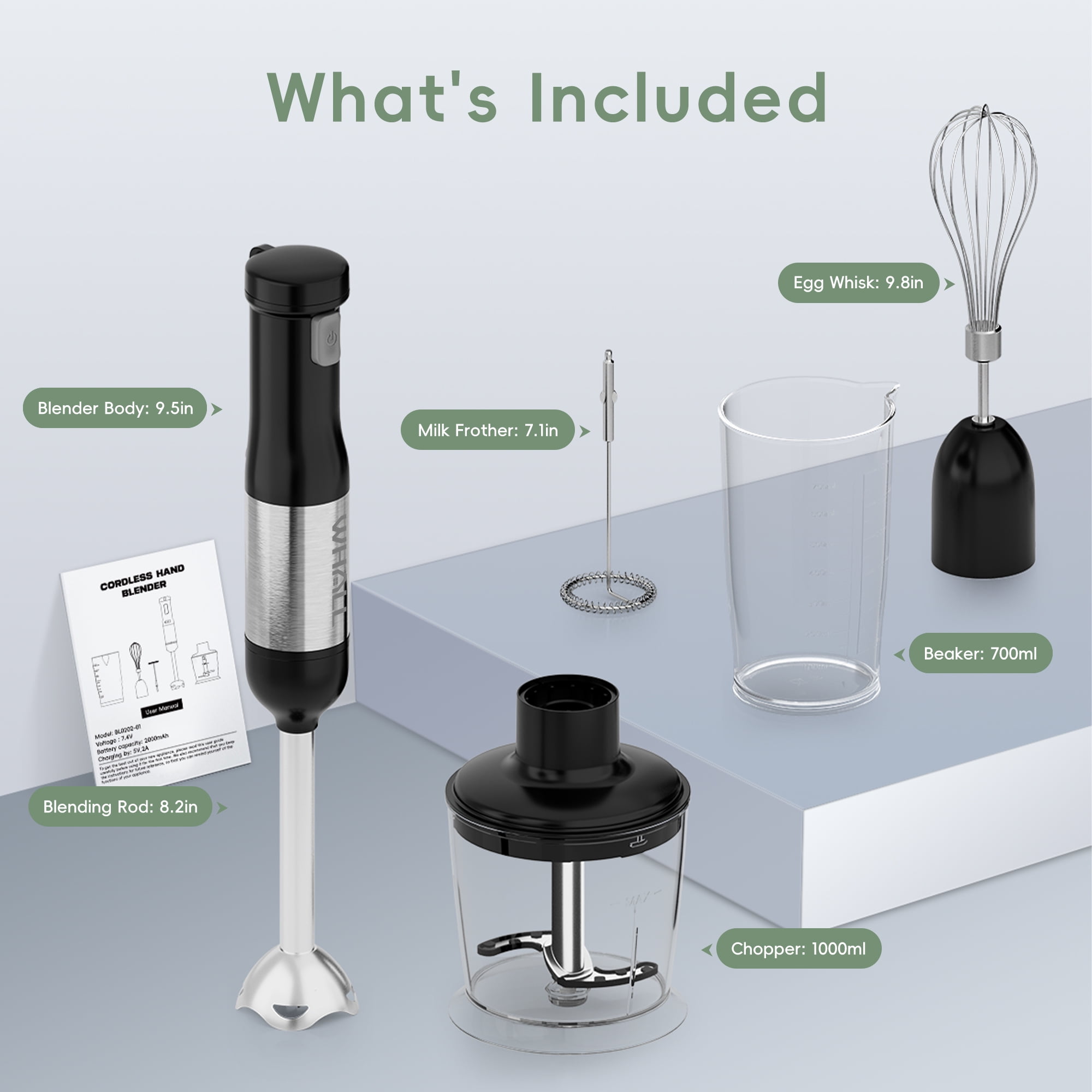 WHALL Cordless Immersion Blender, Rechargeable 5-in-1 Hand Blender with Whisk, Milk Frother Attachments, Portable Stick mixed,700ml Beaker, 500ml Chopper - Image 9