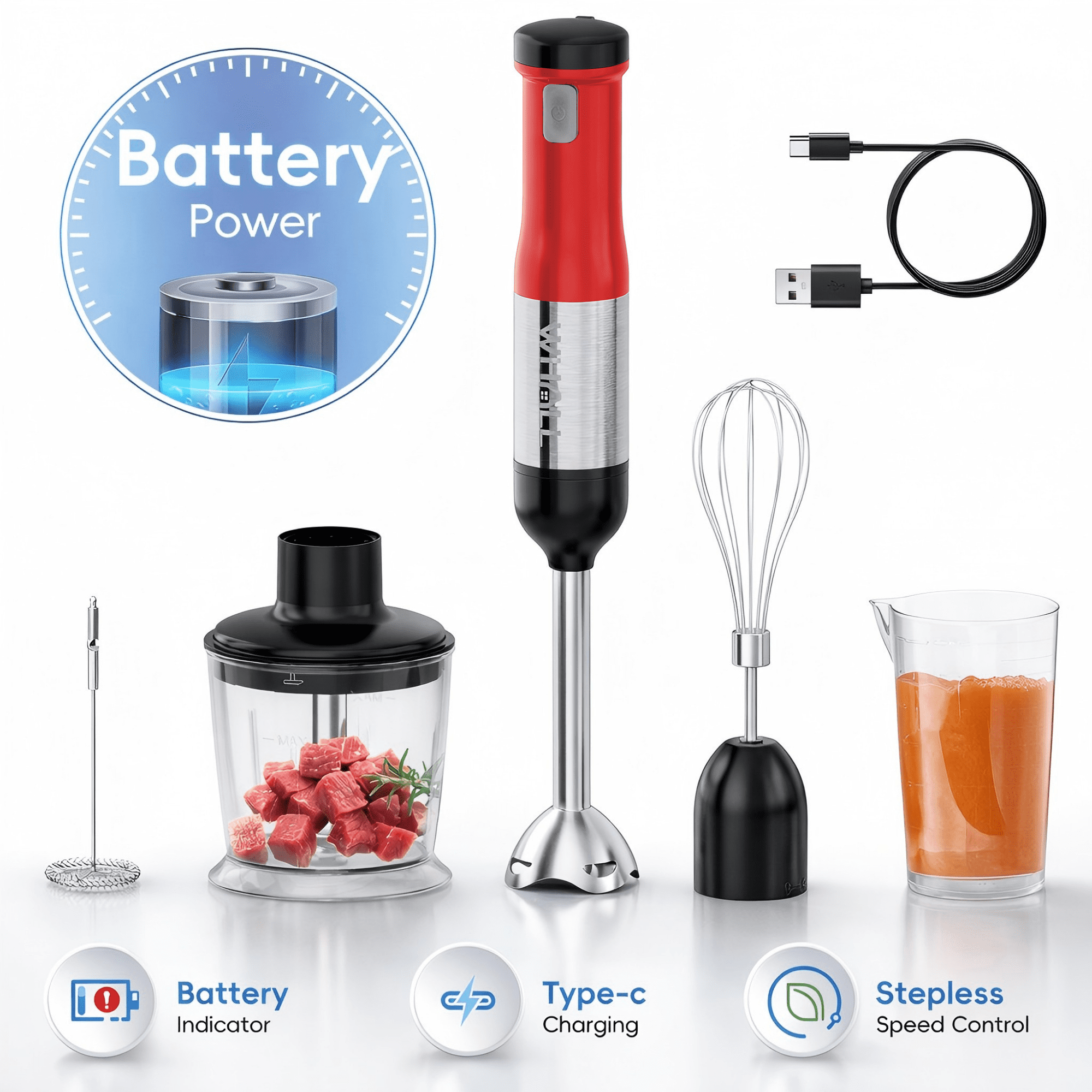 WHALL Cordless Immersion Blender, Rechargeable 5-in-1 Hand Blender with Whisk, Milk Frother Attachments, Portable Stick mixed,700ml Beaker, 500ml Chopper - Image 11