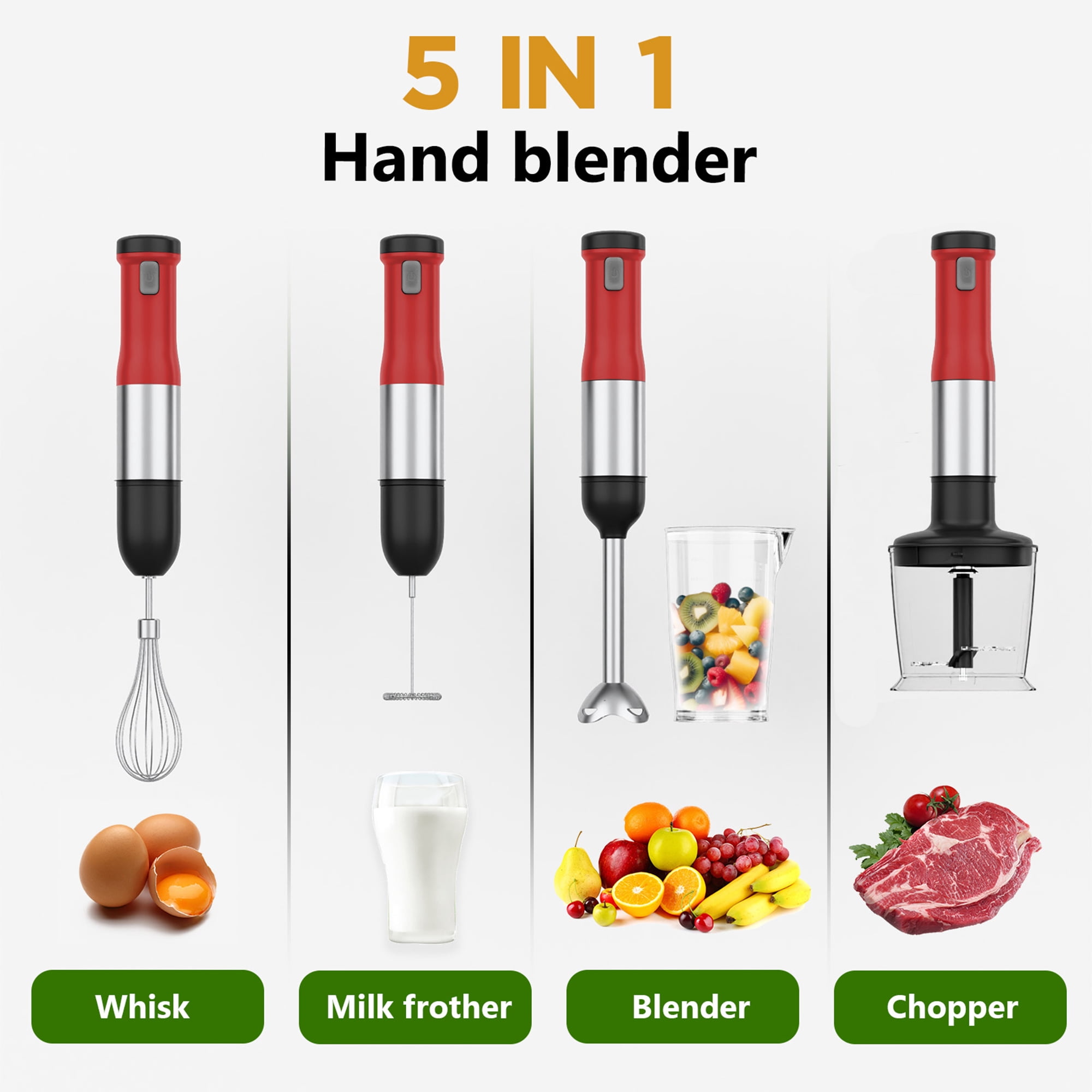 WHALL Cordless Immersion Blender, Rechargeable 5-in-1 Hand Blender with Whisk, Milk Frother Attachments, Portable Stick mixed,700ml Beaker, 500ml Chopper - Image 16