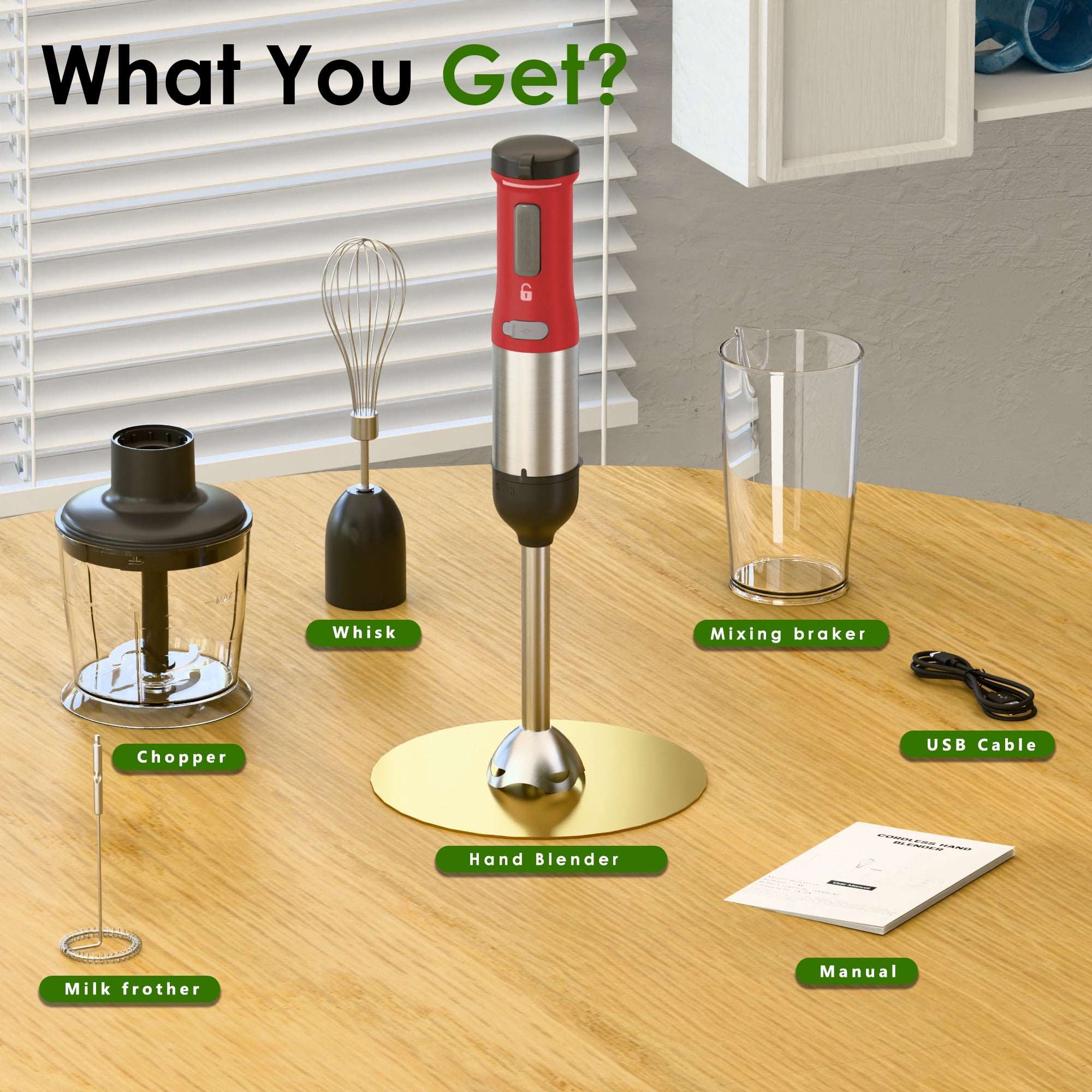 WHALL Cordless Immersion Blender, Rechargeable 5-in-1 Hand Blender with Whisk, Milk Frother Attachments, Portable Stick mixed,700ml Beaker, 500ml Chopper - Image 17