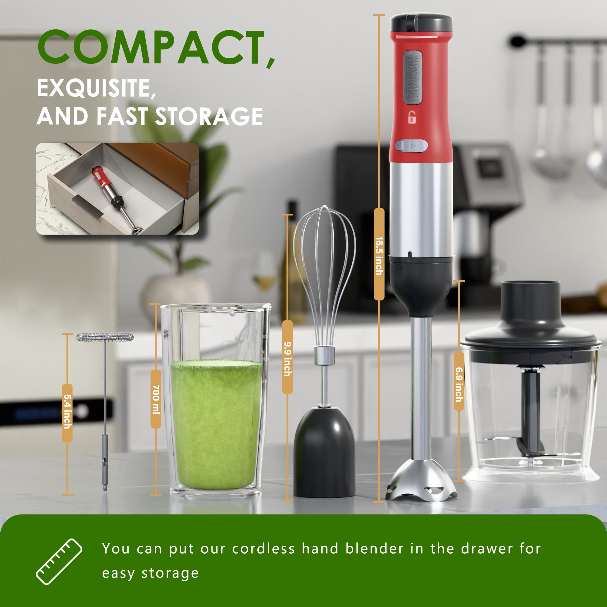 WHALL Cordless Immersion Blender, Rechargeable 5-in-1 Hand Blender with Whisk, Milk Frother Attachments, Portable Stick mixed,700ml Beaker, 500ml Chopper - Image 18