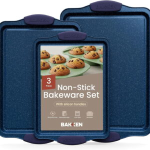 Bakken- Swiss Kitchen Baking Pan Set - Nonstick Coating, Carbon Steel Bakeware Sets with Blue Silicone Handles, Baking Kitchen Essentials, Oven Safe Tray (Up To 450° F), Set of 3