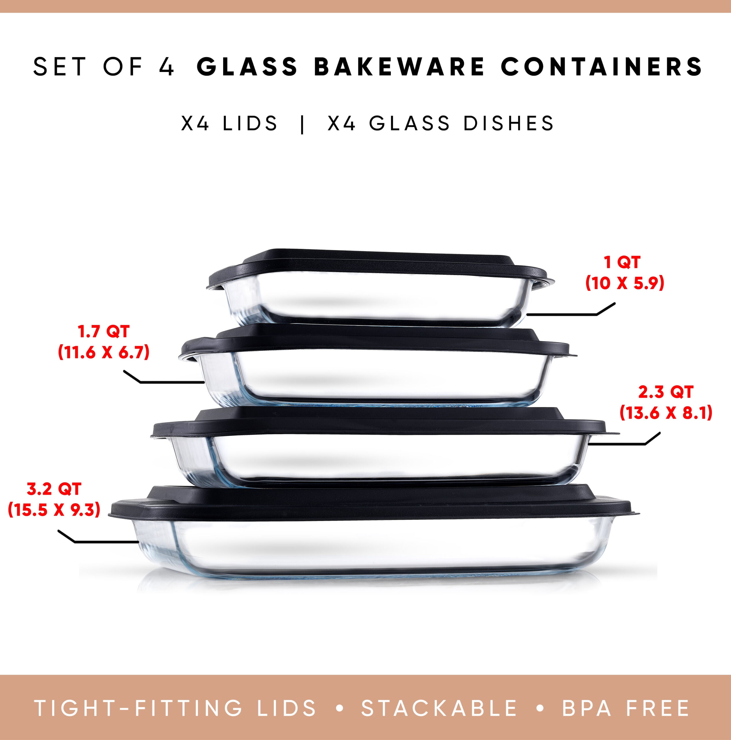 JoyJolt JoyFul 8 Piece Glass Baking Dish with Lid Set (Black) Large Glass Casserole Dishes with Covers - Image 2