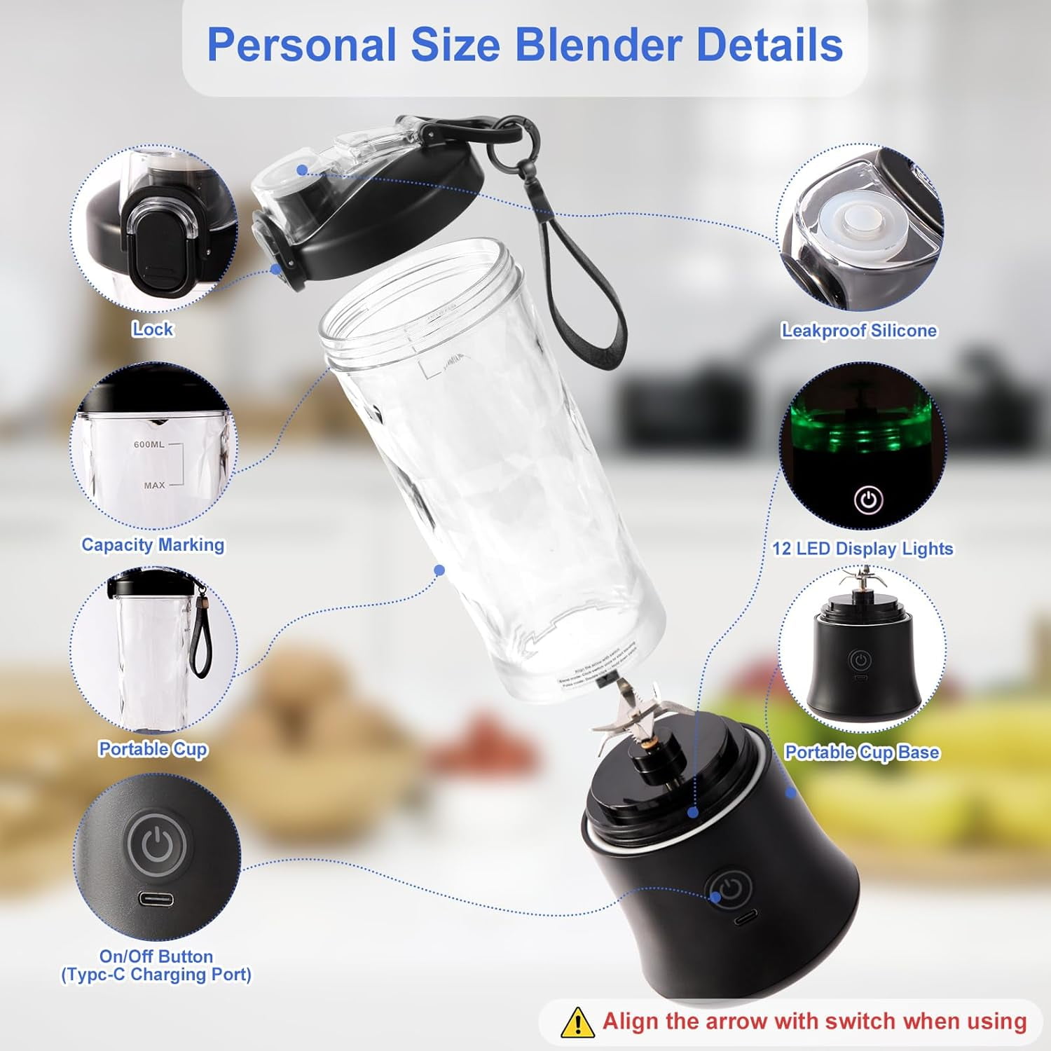 ORFELD Personal Portable Blender, Small Kitchen Appliances Blender Cup for Shakes and Smoothies Rechargeable Shaker Bottle, 20oz - Image 6
