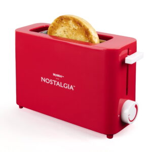 Nostalgia 1-Slice Toaster, Red with Cancel Defrost and Bagel Button