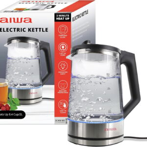Aiwa 2-Liter Glass Electric Water Kettle, Cordless Hot Water Boiler with Auto-Shutoff, Black