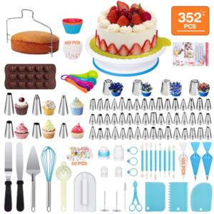 XUEYU 352 Pcs Cake Decorating Kit, Cake Baking Supplies with 48 Round Piping Tips,6 Korean Tips 4 Russian Tips, Baking Set with Non-slip Turntable, Baking Supplies Tools for Beginners,Plastic