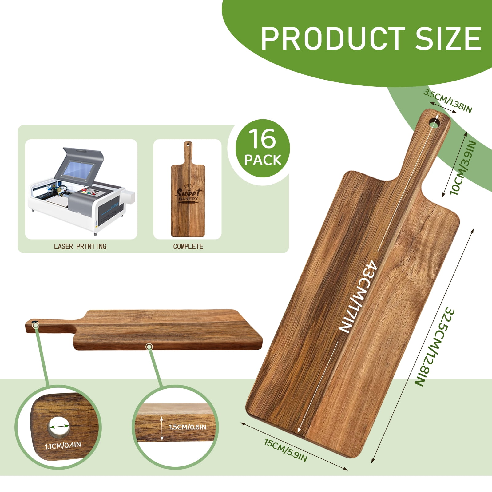 5 Pack Acacia Wood Cutting Board Bulk Wooden Serving Tray Kitchen Chopping Boards with Handle for Laser Engrave (17 x 6 Inch) - Image 2