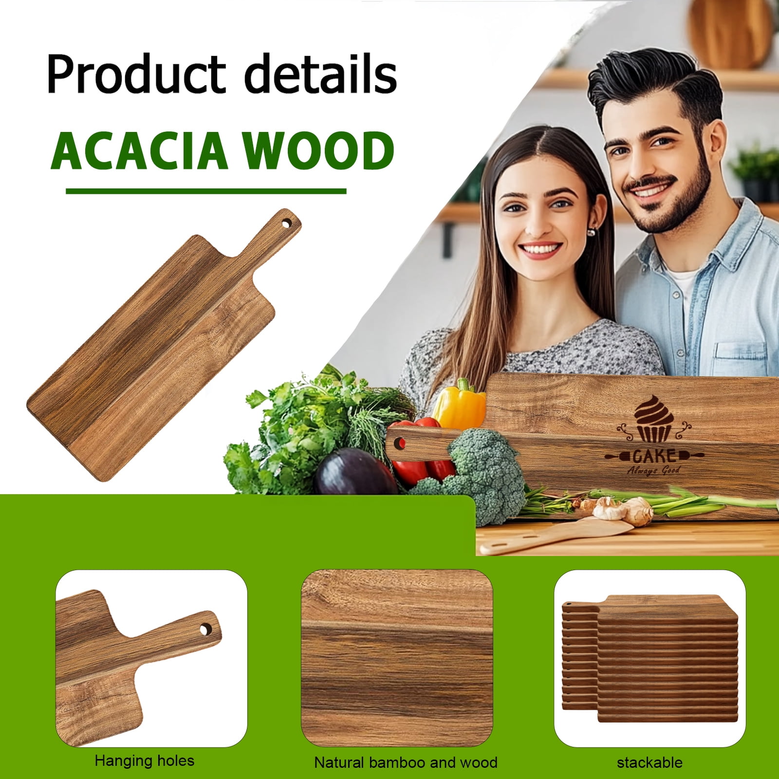 5 Pack Acacia Wood Cutting Board Bulk Wooden Serving Tray Kitchen Chopping Boards with Handle for Laser Engrave (17 x 6 Inch) - Image 3