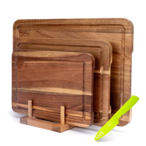 TJ POP Acacia Wood Cutting Board For Kitchen, Acacia Wooden Cutting Board Set of 3 with Juice Groove, Double-Sided Chopping Board Serving Board for Meat, Vegetables and Cheese