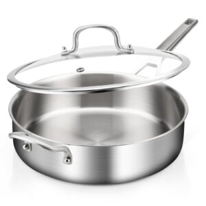 DELARLO 12-Inch Saute Pan with Lid, 5QT Tri-Ply Stainless Steel Deep Frying Pan
