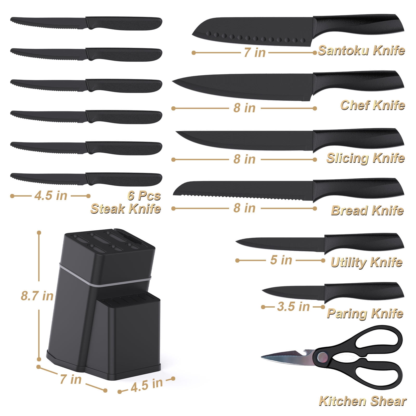 Kitchen Knife Set with Block - 15 Pieces Knife Sets with Built-in Sharpener, Dishwasher Safe, Stainless Steel Blades Kitchen Knives - Image 2