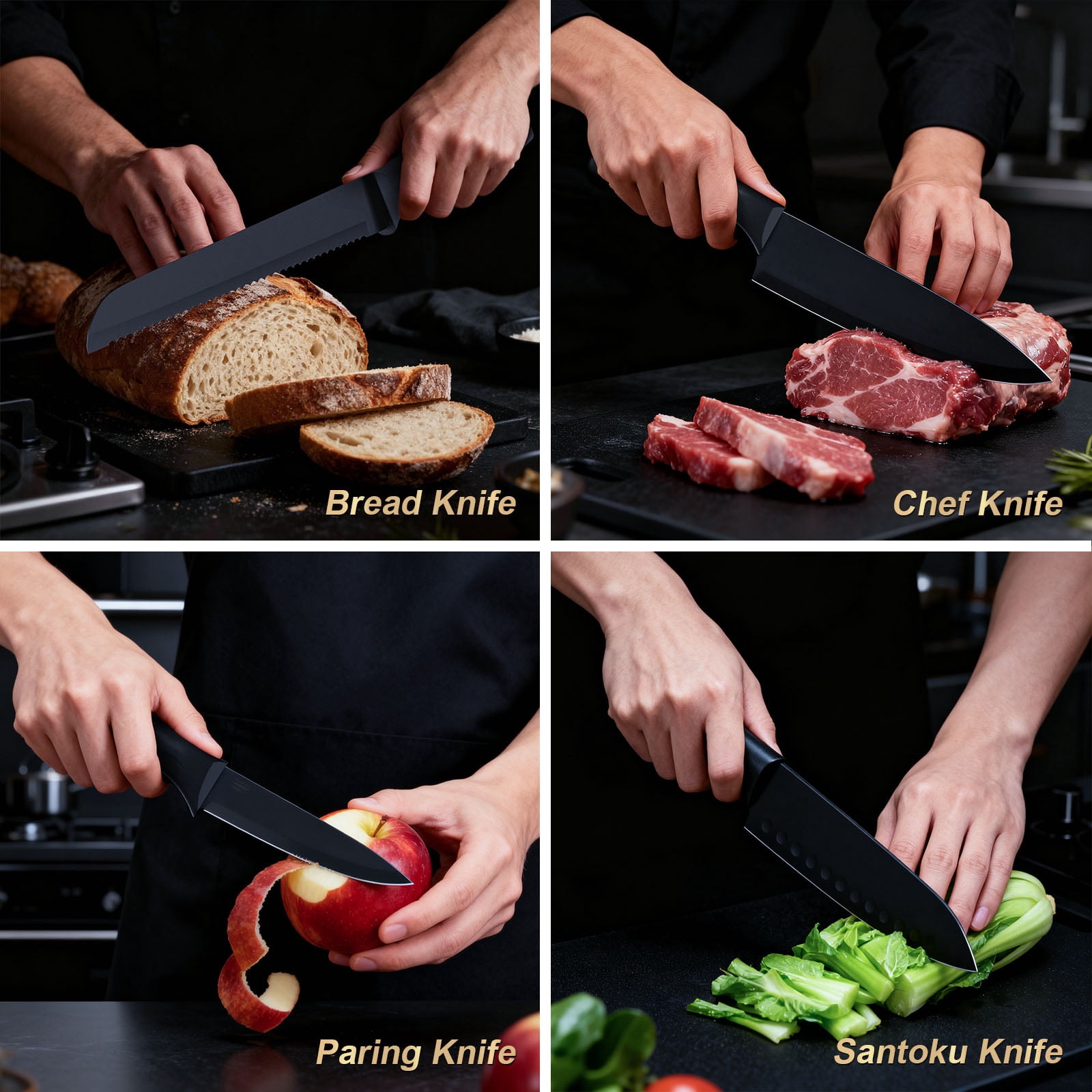 Kitchen Knife Set with Block - 15 Pieces Knife Sets with Built-in Sharpener, Dishwasher Safe, Stainless Steel Blades Kitchen Knives - Image 5