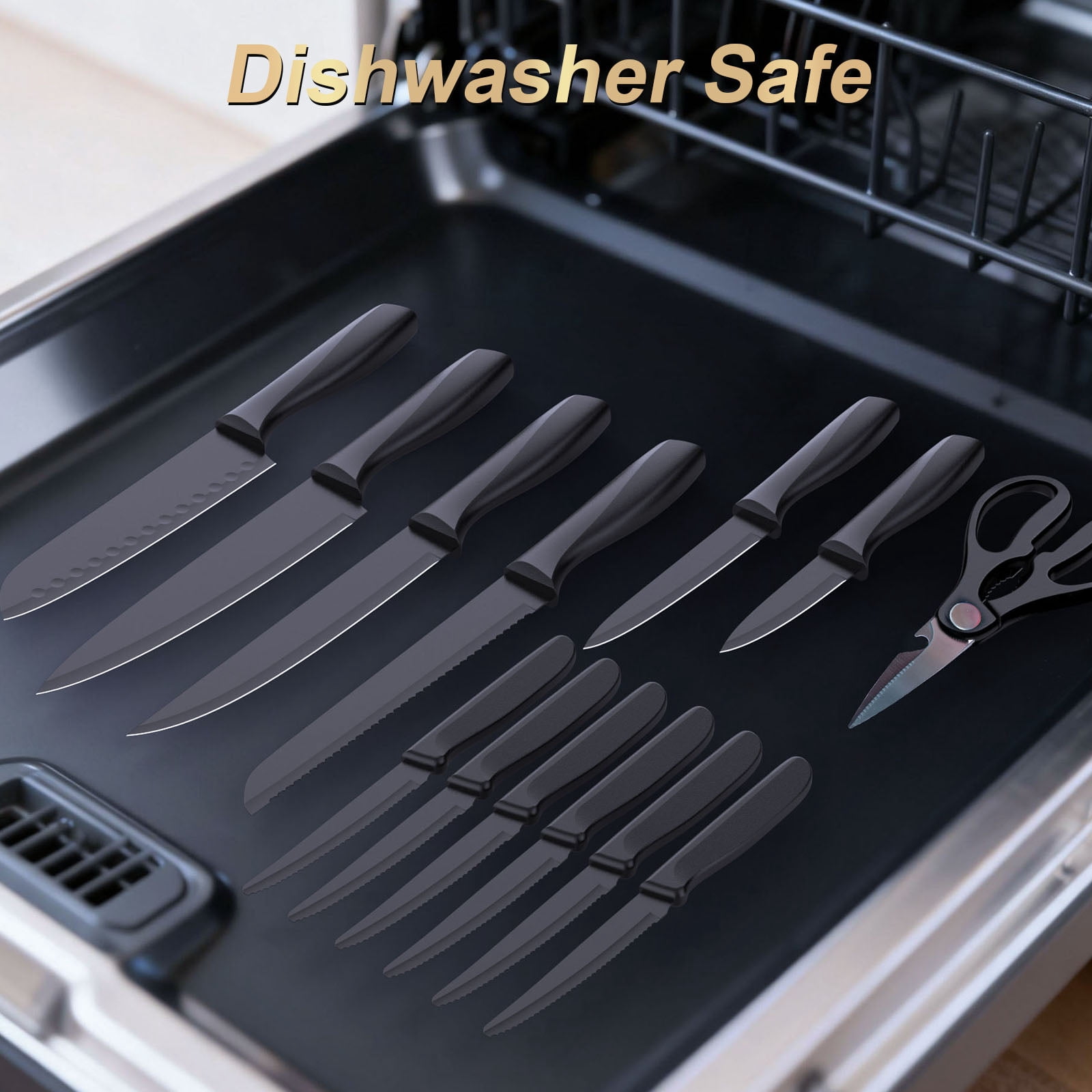 Kitchen Knife Set with Block - 15 Pieces Knife Sets with Built-in Sharpener, Dishwasher Safe, Stainless Steel Blades Kitchen Knives - Image 6