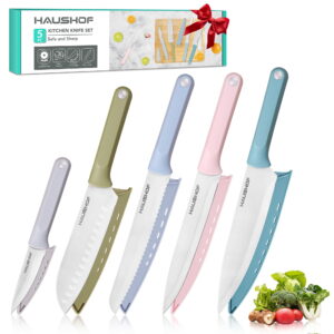 HAUSHOF Kitchen Knife Set, 5 PCS Colorful Kitchen Knives with Sheaths, Non-Stick Coated Stainless Steel Blades, Gifts Knife Set with Ergonomic Handle for Dad, Mom, and Wife