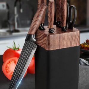 Kitchen Knife Set with Block,POSGEE 7pcs Knife Block Set with Sharpener Professional Kitchen Knives Block Sets with High Carbon Stainless Steel Blades and Ergonomic Handle,Black,(Non-Wood)