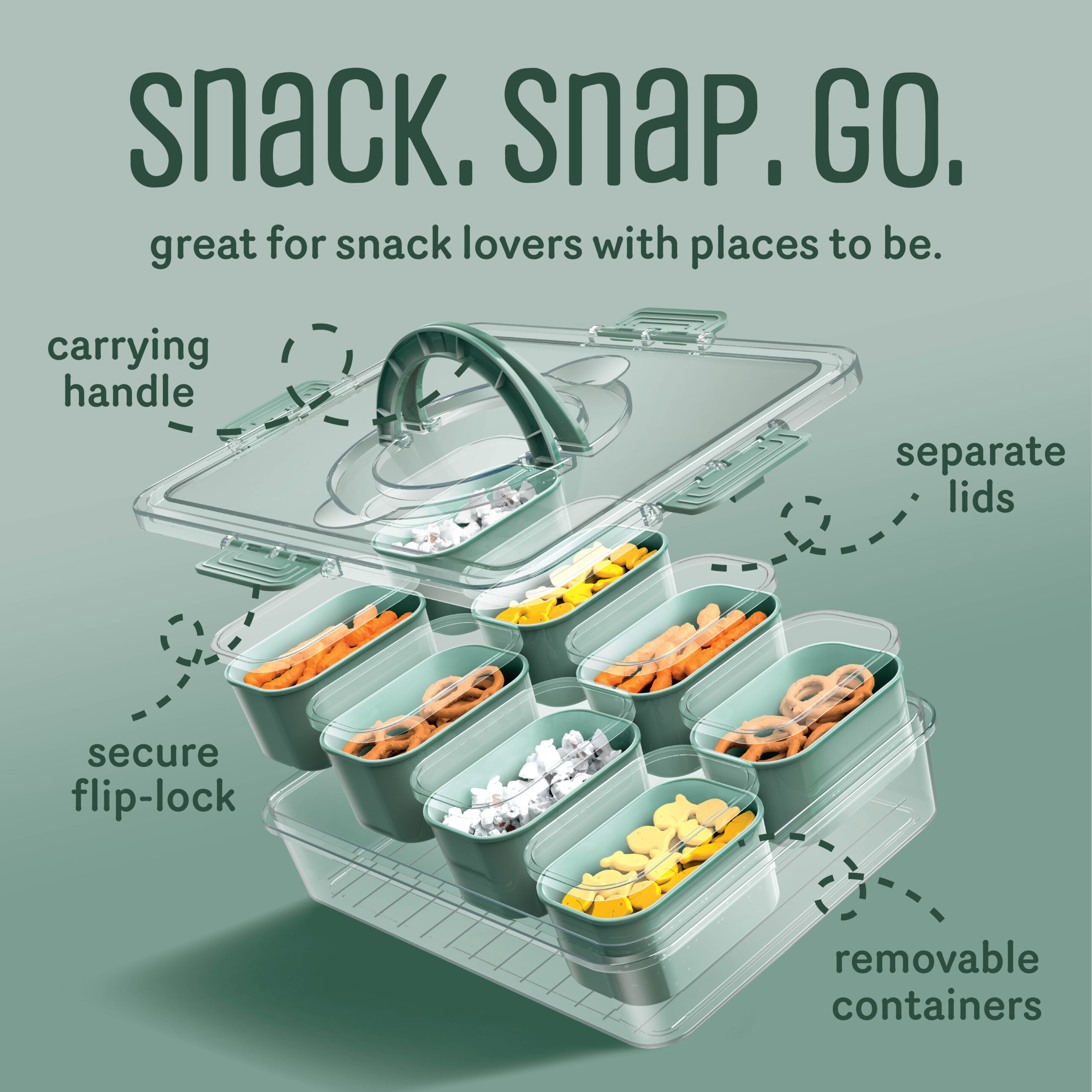 Cook With Color 8-Compartment Snackle Box Food Storage Carrier and Container, Charcuterie Container, Divided Serving Tray with Lids and Handle, Sage, Portable and Dishwasher Safe - Image 4