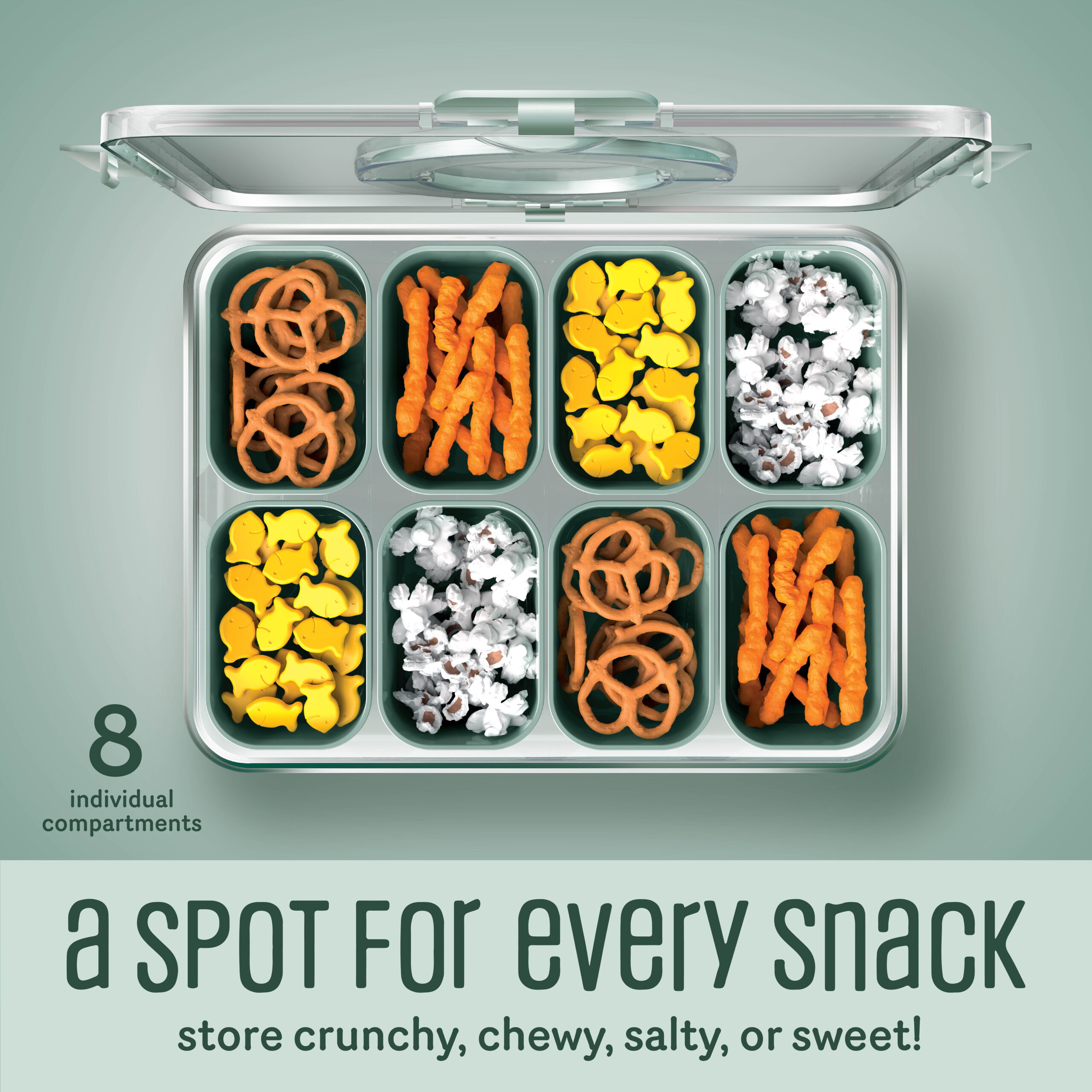 Cook With Color 8-Compartment Snackle Box Food Storage Carrier and Container, Charcuterie Container, Divided Serving Tray with Lids and Handle, Sage, Portable and Dishwasher Safe - Image 8