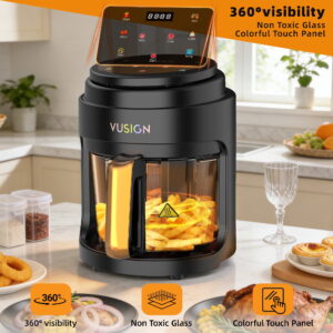 VUSIGN 5 Quart 1000W Air Fryer with 360° Viewing Glass Pot，Digital Touchscreen, Nonstick & Dishwasher Safe Basket, Less Oil, Black