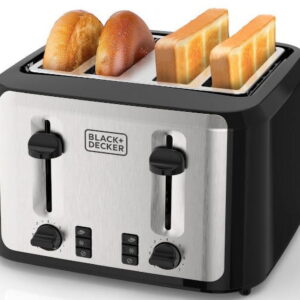 Black+Decker 4-Slice Toaster with Extra-Wide Slots and Drop-Down Crumb Tray, Black/Silver
