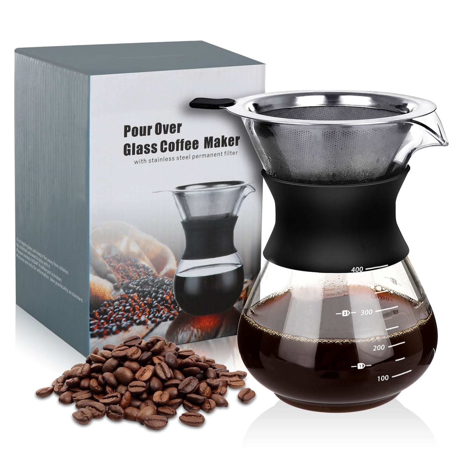 HEIHOX Pour over Coffee Maker Set 14 oz Pour over Coffee ,Coffee Brewing Cup,Glass and stainless coffee maker,Dripper with Reusable Stainless Steel Cone Filter(Non-electromagnetic heating)