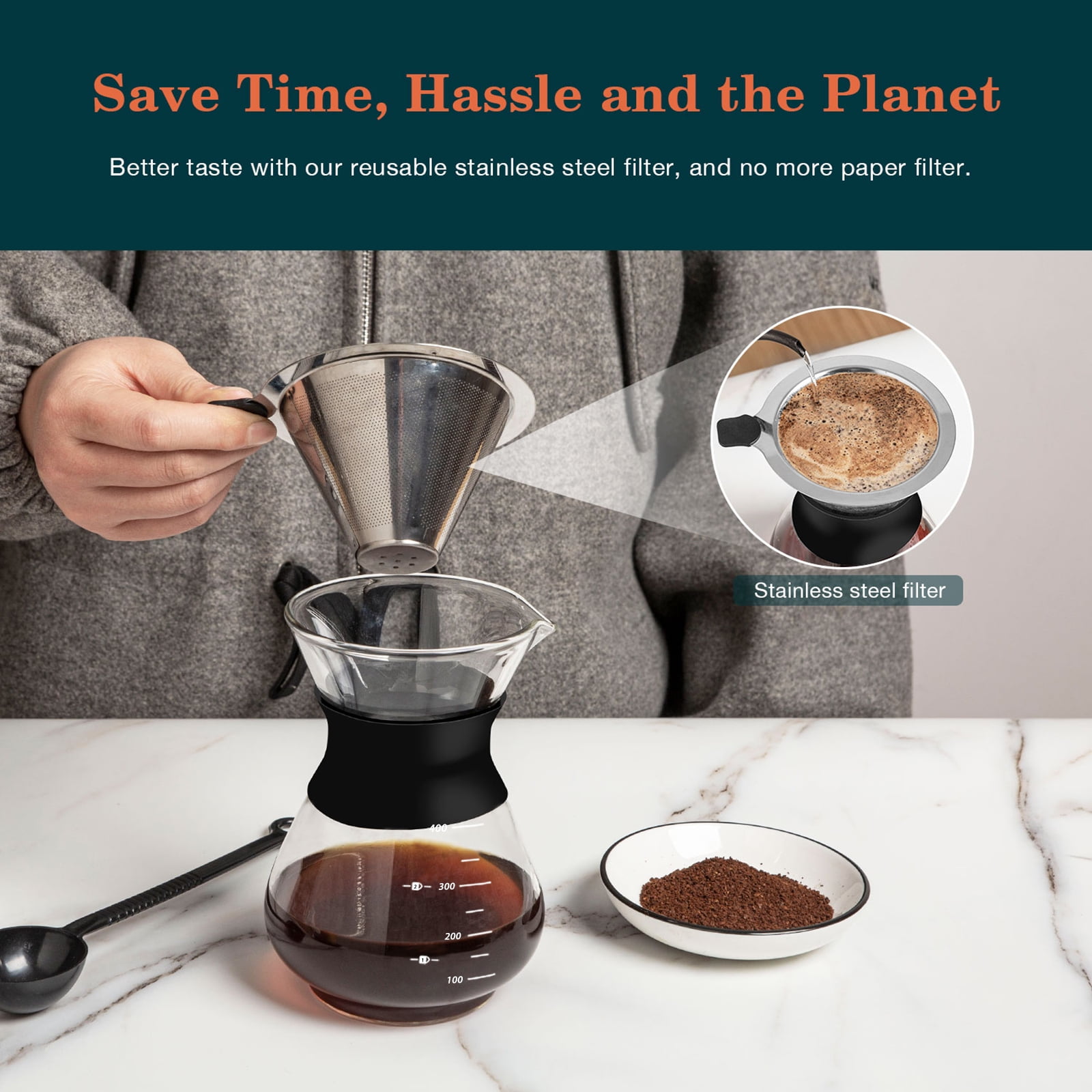 HEIHOX Pour over Coffee Maker Set 14 oz Pour over Coffee ,Coffee Brewing Cup,Glass and stainless coffee maker,Dripper with Reusable Stainless Steel Cone Filter(Non-electromagnetic heating) - Image 2