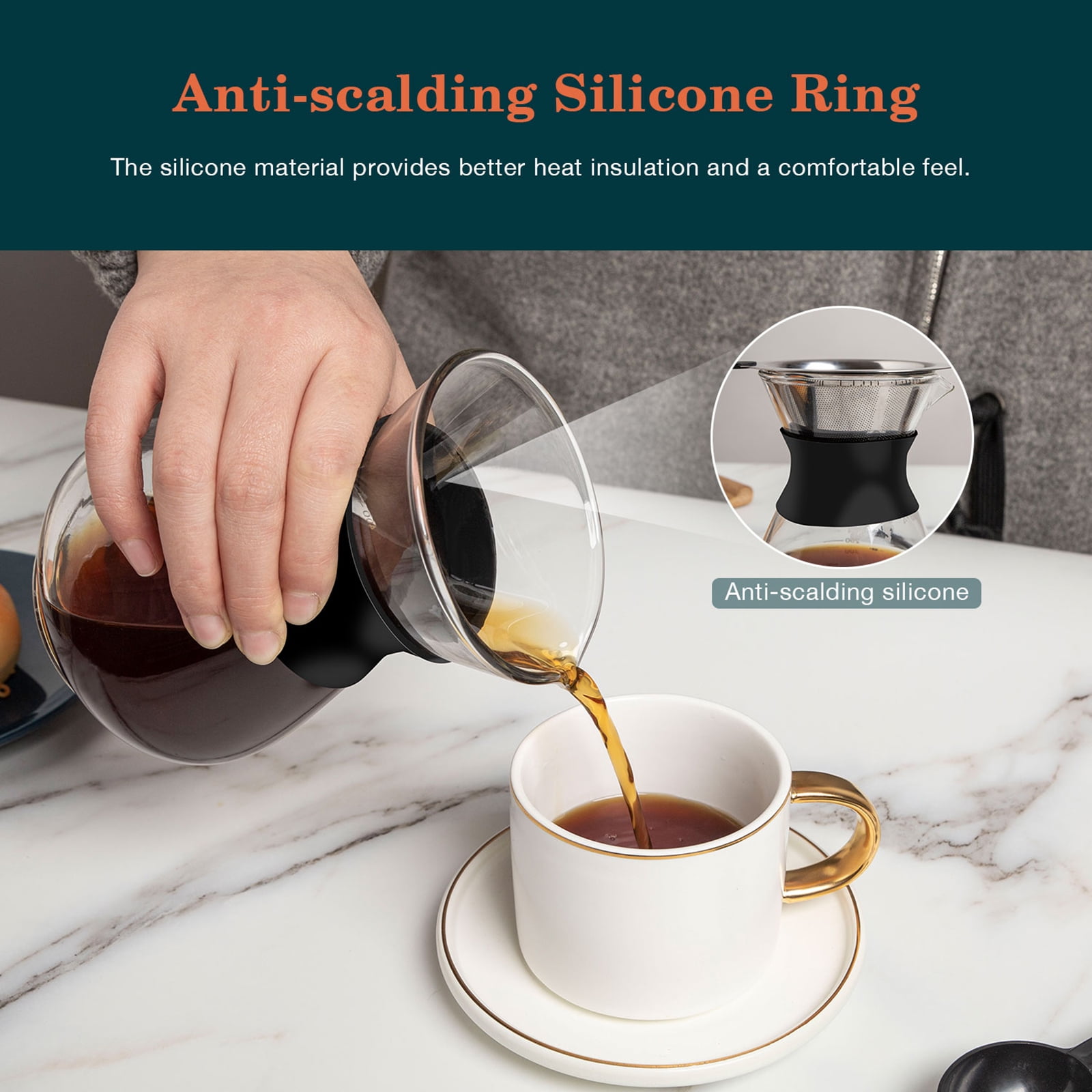 HEIHOX Pour over Coffee Maker Set 14 oz Pour over Coffee ,Coffee Brewing Cup,Glass and stainless coffee maker,Dripper with Reusable Stainless Steel Cone Filter(Non-electromagnetic heating) - Image 3