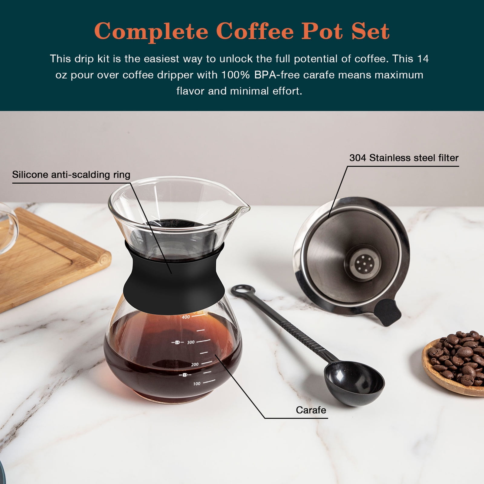 HEIHOX Pour over Coffee Maker Set 14 oz Pour over Coffee ,Coffee Brewing Cup,Glass and stainless coffee maker,Dripper with Reusable Stainless Steel Cone Filter(Non-electromagnetic heating) - Image 4