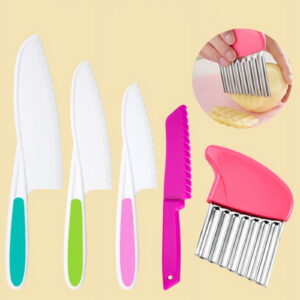 5 Pcs Kids Knife Set, Kids Safe Cooking Knives, Nylon Kids Kitchen Knife with Crinkle Cutter, Serrated Edges Plastic Toddler Knife Kids Knives for Real Cooking & Cutting Fruit, Bread, Lettuce, Type 2
