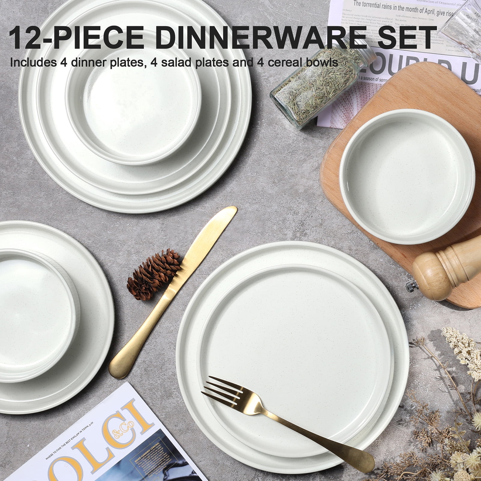 Vesteel 12 Pieces Dinnerware Set for 4, Premium Stoneware Ribbed Dishes, Chip & Scratch Resistant Plates and Bowls Set for Home Restaurant, Microwave and Dishwasher Safe - Speckled White - Image 2