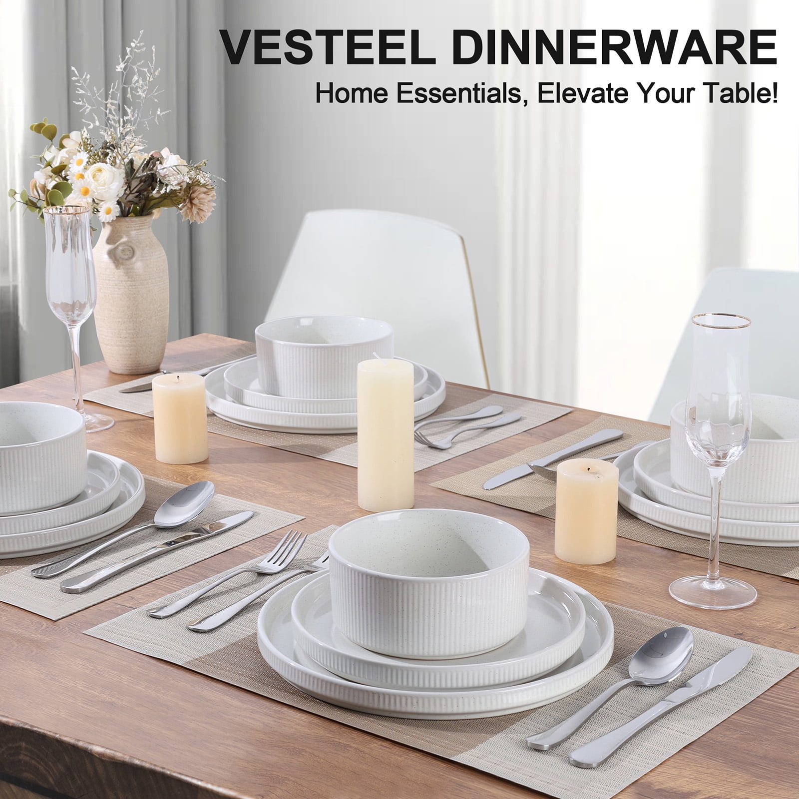 Vesteel 12 Pieces Dinnerware Set for 4, Premium Stoneware Ribbed Dishes, Chip & Scratch Resistant Plates and Bowls Set for Home Restaurant, Microwave and Dishwasher Safe - Speckled White - Image 3