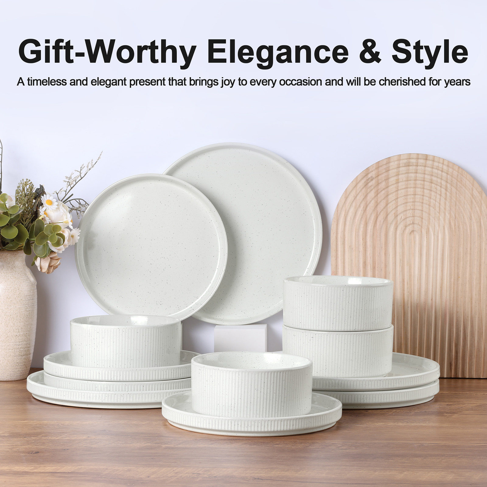 Vesteel 12 Pieces Dinnerware Set for 4, Premium Stoneware Ribbed Dishes, Chip & Scratch Resistant Plates and Bowls Set for Home Restaurant, Microwave and Dishwasher Safe - Speckled White - Image 4