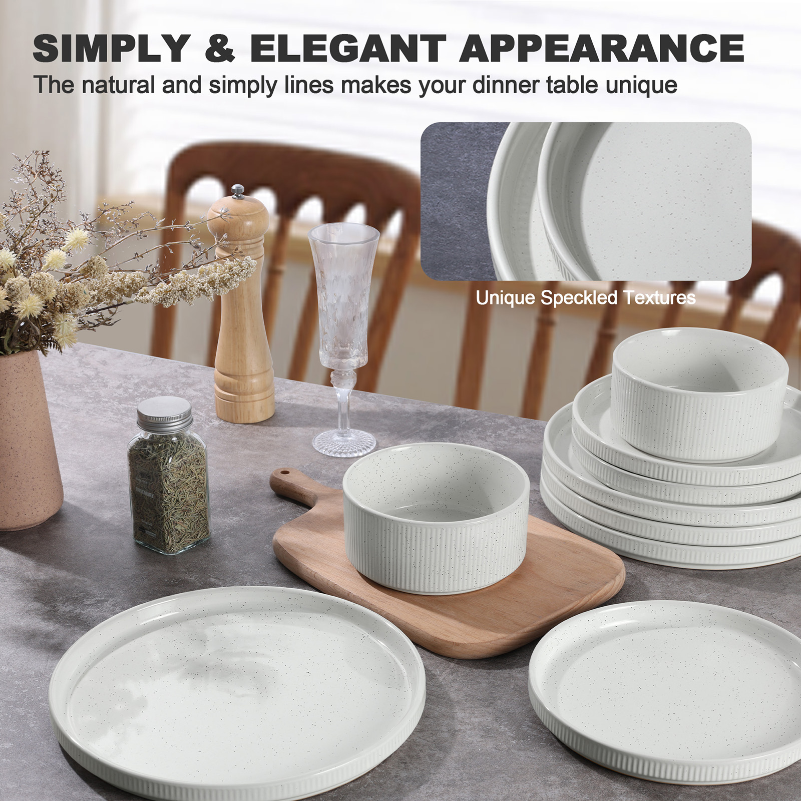 Vesteel 12 Pieces Dinnerware Set for 4, Premium Stoneware Ribbed Dishes, Chip & Scratch Resistant Plates and Bowls Set for Home Restaurant, Microwave and Dishwasher Safe - Speckled White - Image 5