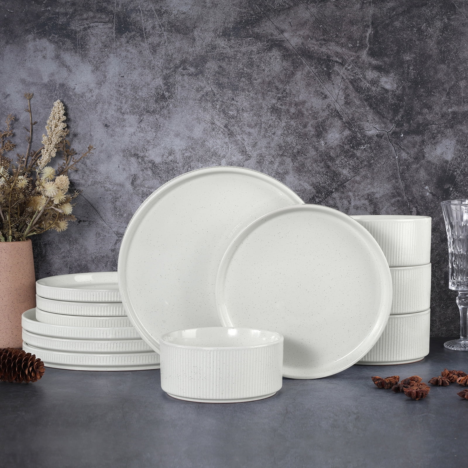 Vesteel 12 Pieces Dinnerware Set for 4, Premium Stoneware Ribbed Dishes, Chip & Scratch Resistant Plates and Bowls Set for Home Restaurant, Microwave and Dishwasher Safe - Speckled White - Image 6