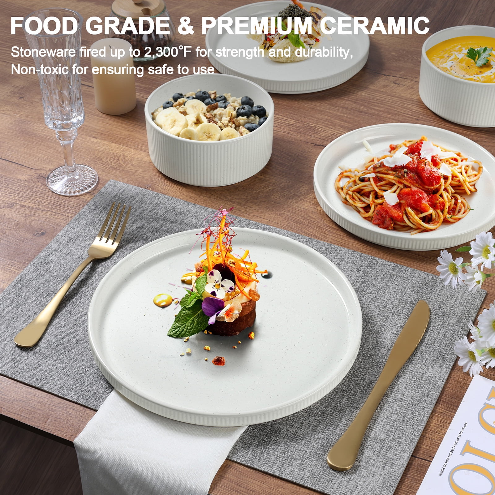 Vesteel 12 Pieces Dinnerware Set for 4, Premium Stoneware Ribbed Dishes, Chip & Scratch Resistant Plates and Bowls Set for Home Restaurant, Microwave and Dishwasher Safe - Speckled White - Image 7