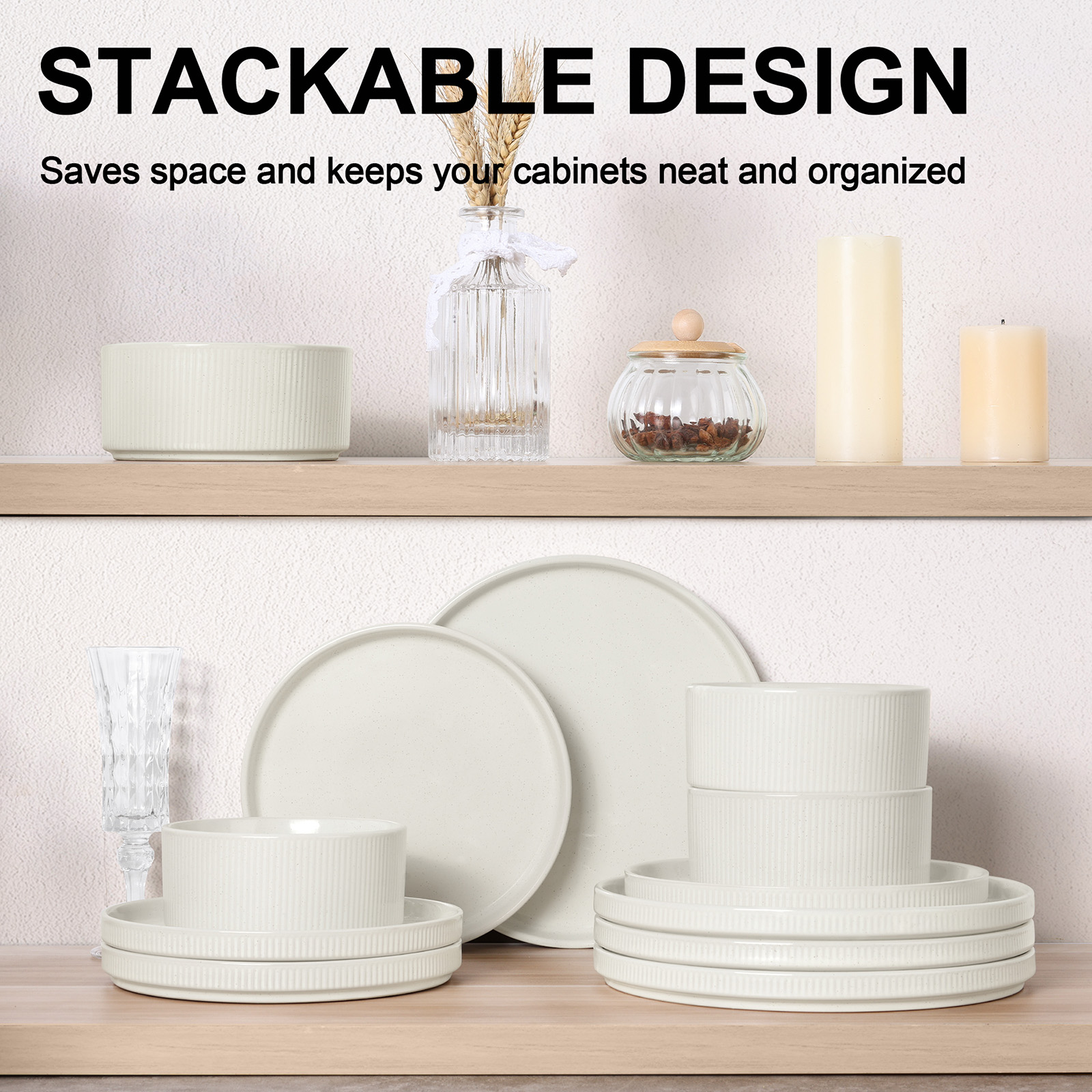 Vesteel 12 Pieces Dinnerware Set for 4, Premium Stoneware Ribbed Dishes, Chip & Scratch Resistant Plates and Bowls Set for Home Restaurant, Microwave and Dishwasher Safe - Speckled White - Image 8