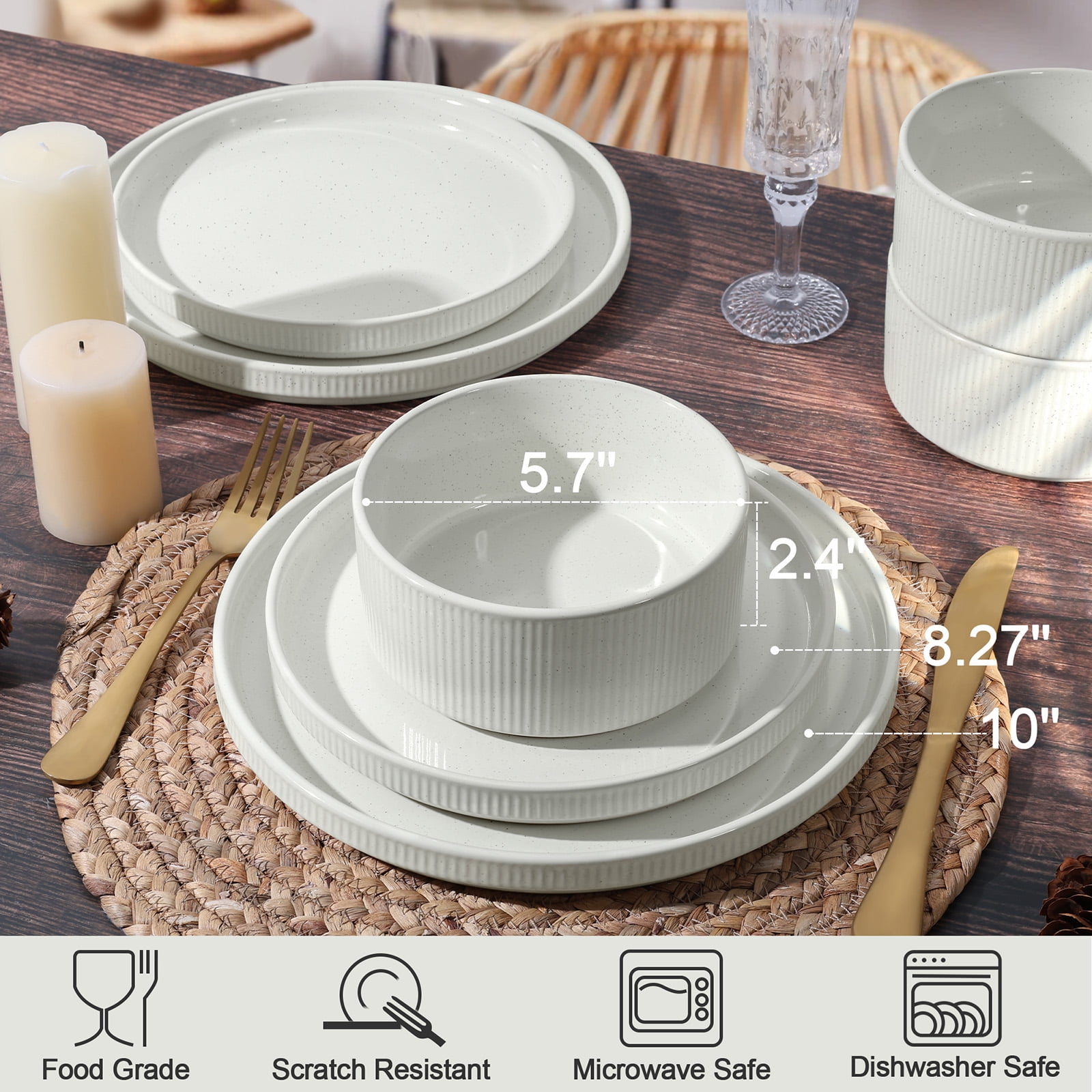 Vesteel 12 Pieces Dinnerware Set for 4, Premium Stoneware Ribbed Dishes, Chip & Scratch Resistant Plates and Bowls Set for Home Restaurant, Microwave and Dishwasher Safe - Speckled White - Image 9