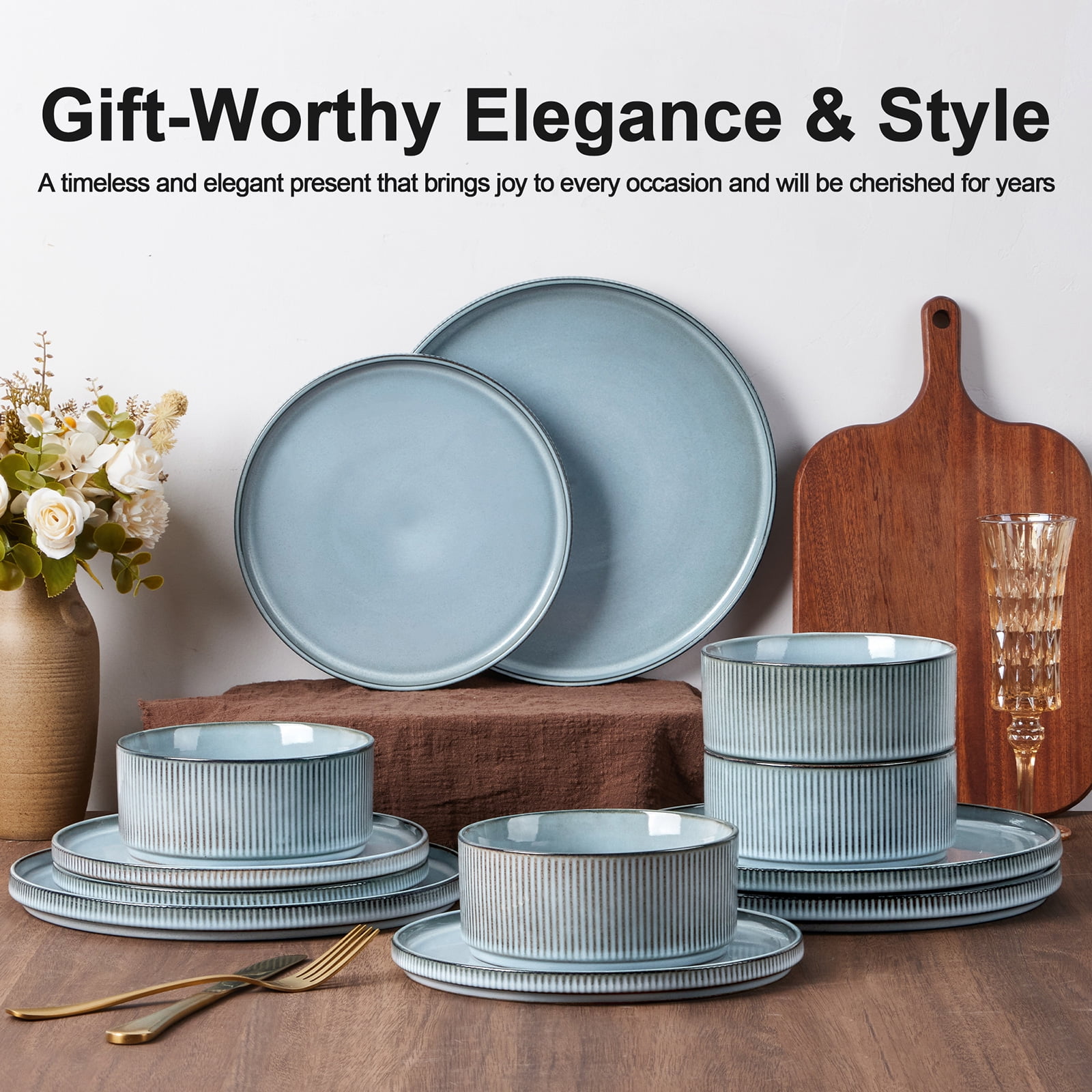 Vesteel 12 Pieces Dinnerware Set for 4, Premium Stoneware Ribbed Dishes, Chip & Scratch Resistant Plates and Bowls Set for Home Restaurant, Microwave and Dishwasher Safe - Speckled White - Image 11