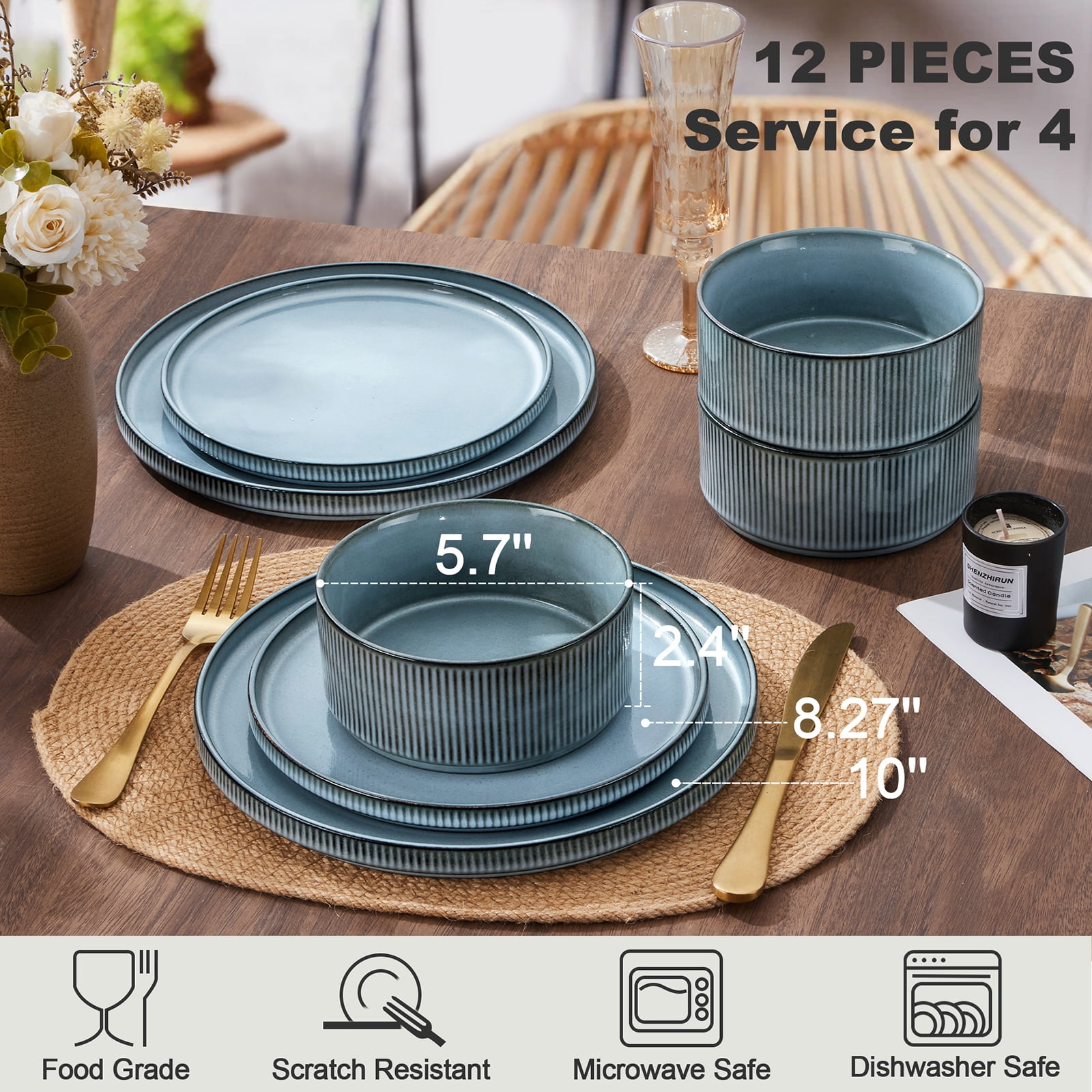 Vesteel 12 Pieces Dinnerware Set for 4, Premium Stoneware Ribbed Dishes, Chip & Scratch Resistant Plates and Bowls Set for Home Restaurant, Microwave and Dishwasher Safe - Speckled White - Image 12