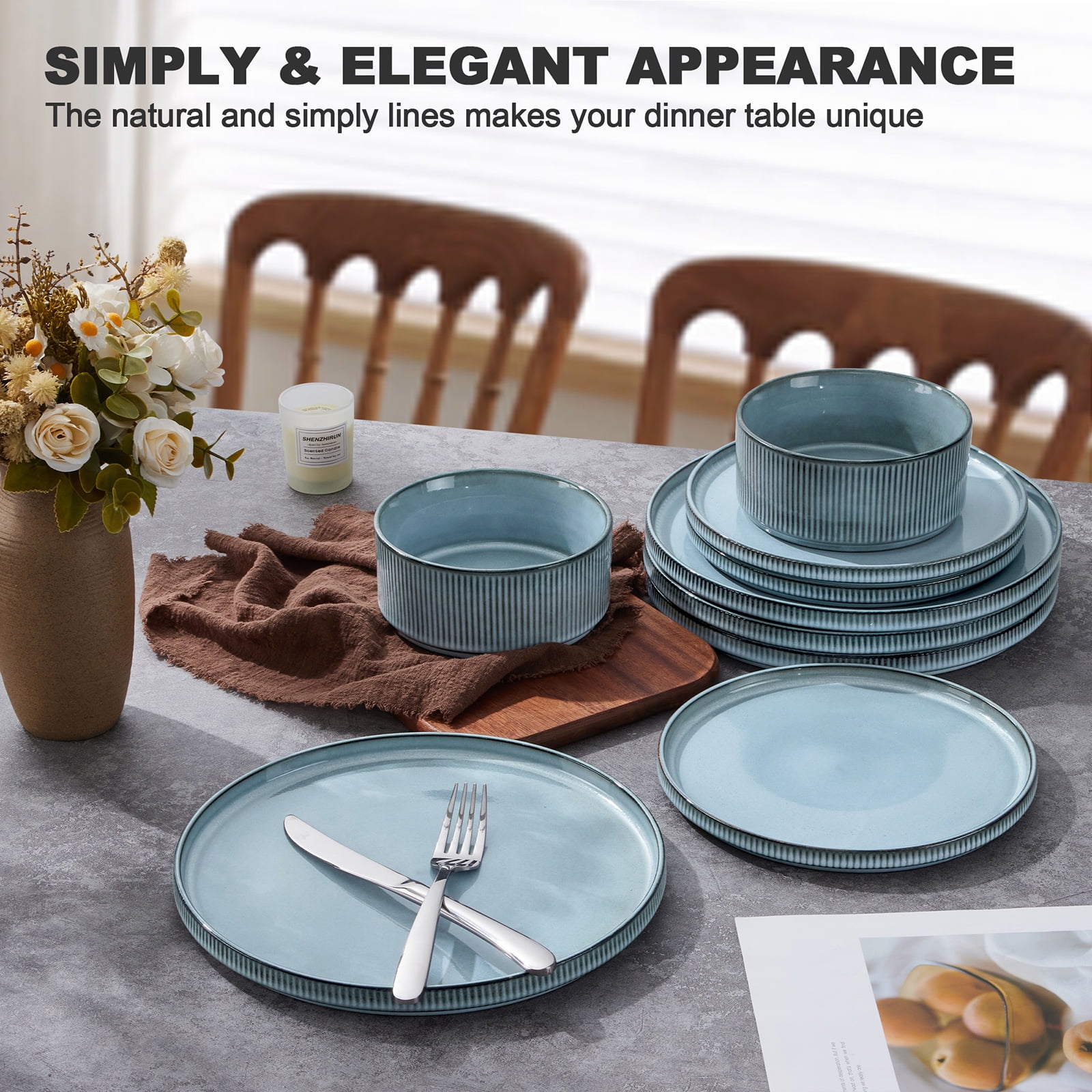 Vesteel 12 Pieces Dinnerware Set for 4, Premium Stoneware Ribbed Dishes, Chip & Scratch Resistant Plates and Bowls Set for Home Restaurant, Microwave and Dishwasher Safe - Speckled White - Image 13