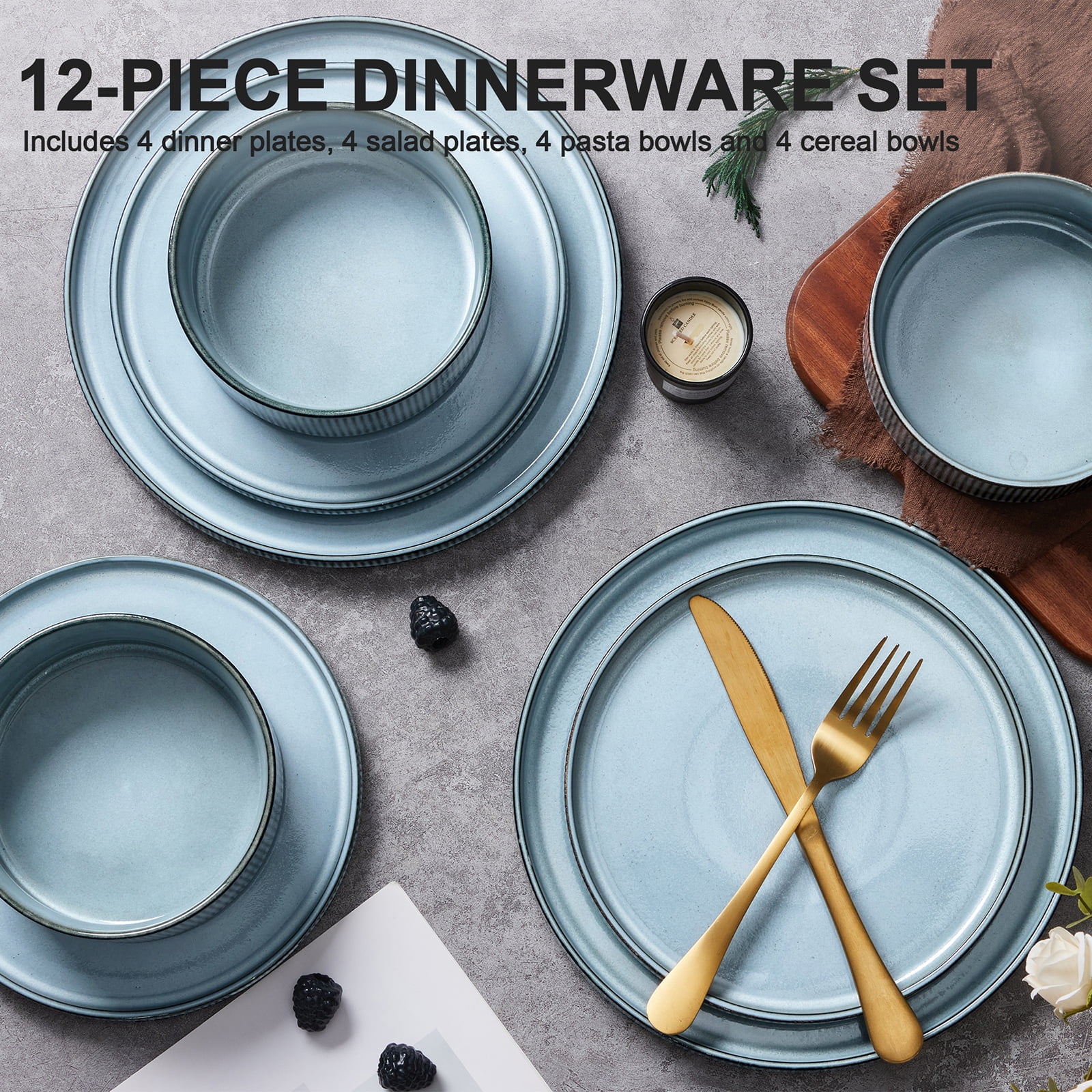 Vesteel 12 Pieces Dinnerware Set for 4, Premium Stoneware Ribbed Dishes, Chip & Scratch Resistant Plates and Bowls Set for Home Restaurant, Microwave and Dishwasher Safe - Speckled White - Image 14