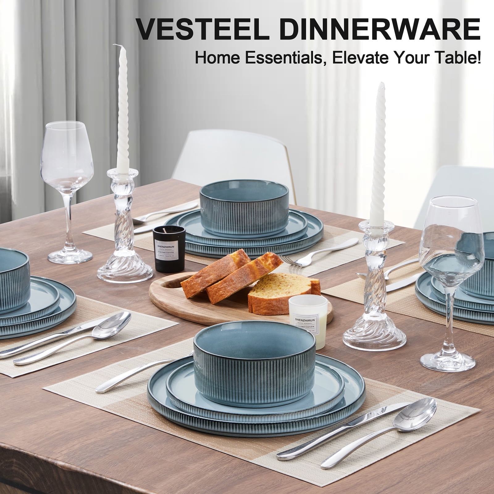 Vesteel 12 Pieces Dinnerware Set for 4, Premium Stoneware Ribbed Dishes, Chip & Scratch Resistant Plates and Bowls Set for Home Restaurant, Microwave and Dishwasher Safe - Speckled White - Image 15