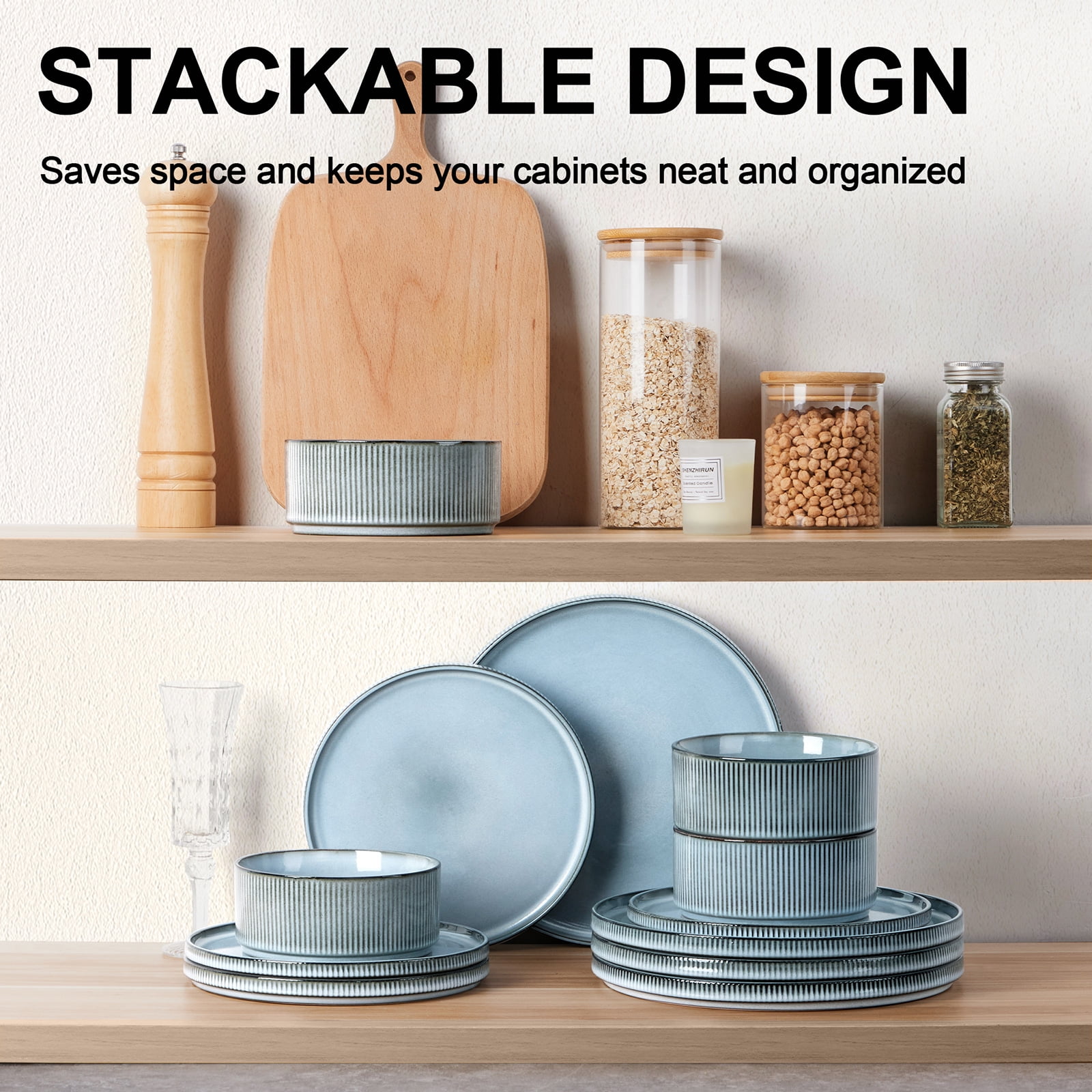 Vesteel 12 Pieces Dinnerware Set for 4, Premium Stoneware Ribbed Dishes, Chip & Scratch Resistant Plates and Bowls Set for Home Restaurant, Microwave and Dishwasher Safe - Speckled White - Image 16