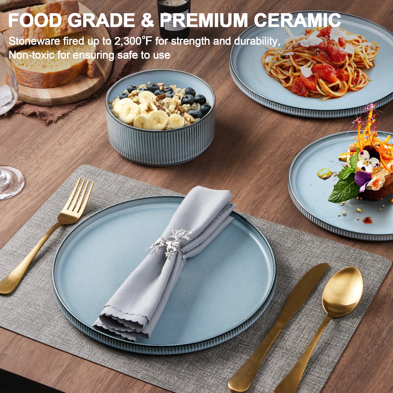 Vesteel 12 Pieces Dinnerware Set for 4, Premium Stoneware Ribbed Dishes, Chip & Scratch Resistant Plates and Bowls Set for Home Restaurant, Microwave and Dishwasher Safe - Speckled White - Image 17