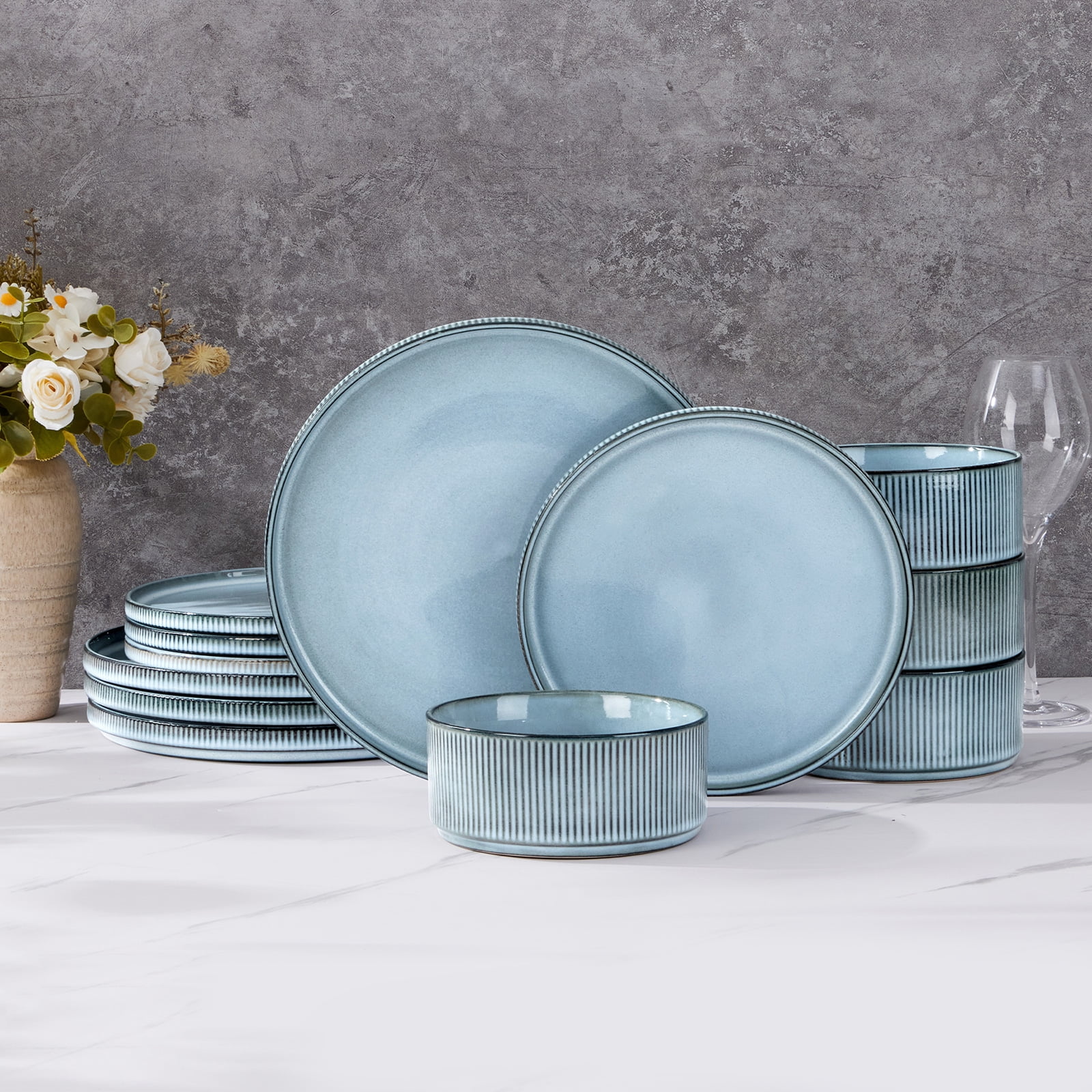 Vesteel 12 Pieces Dinnerware Set for 4, Premium Stoneware Ribbed Dishes, Chip & Scratch Resistant Plates and Bowls Set for Home Restaurant, Microwave and Dishwasher Safe - Speckled White - Image 18