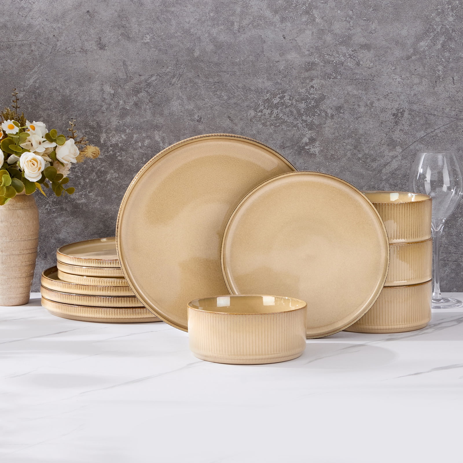 Vesteel 12 Pieces Dinnerware Set for 4, Premium Stoneware Ribbed Dishes, Chip & Scratch Resistant Plates and Bowls Set for Home Restaurant, Microwave and Dishwasher Safe - Speckled White - Image 20