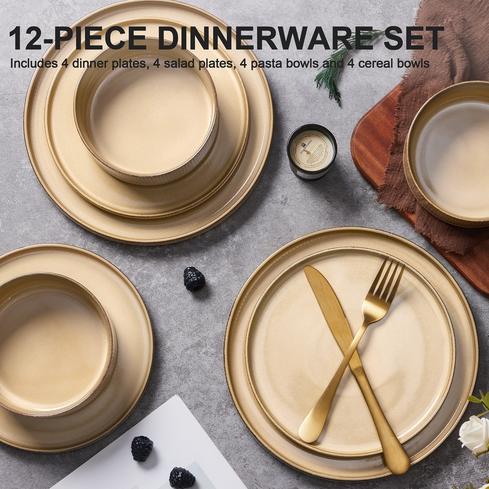 Vesteel 12 Pieces Dinnerware Set for 4, Premium Stoneware Ribbed Dishes, Chip & Scratch Resistant Plates and Bowls Set for Home Restaurant, Microwave and Dishwasher Safe - Speckled White - Image 21
