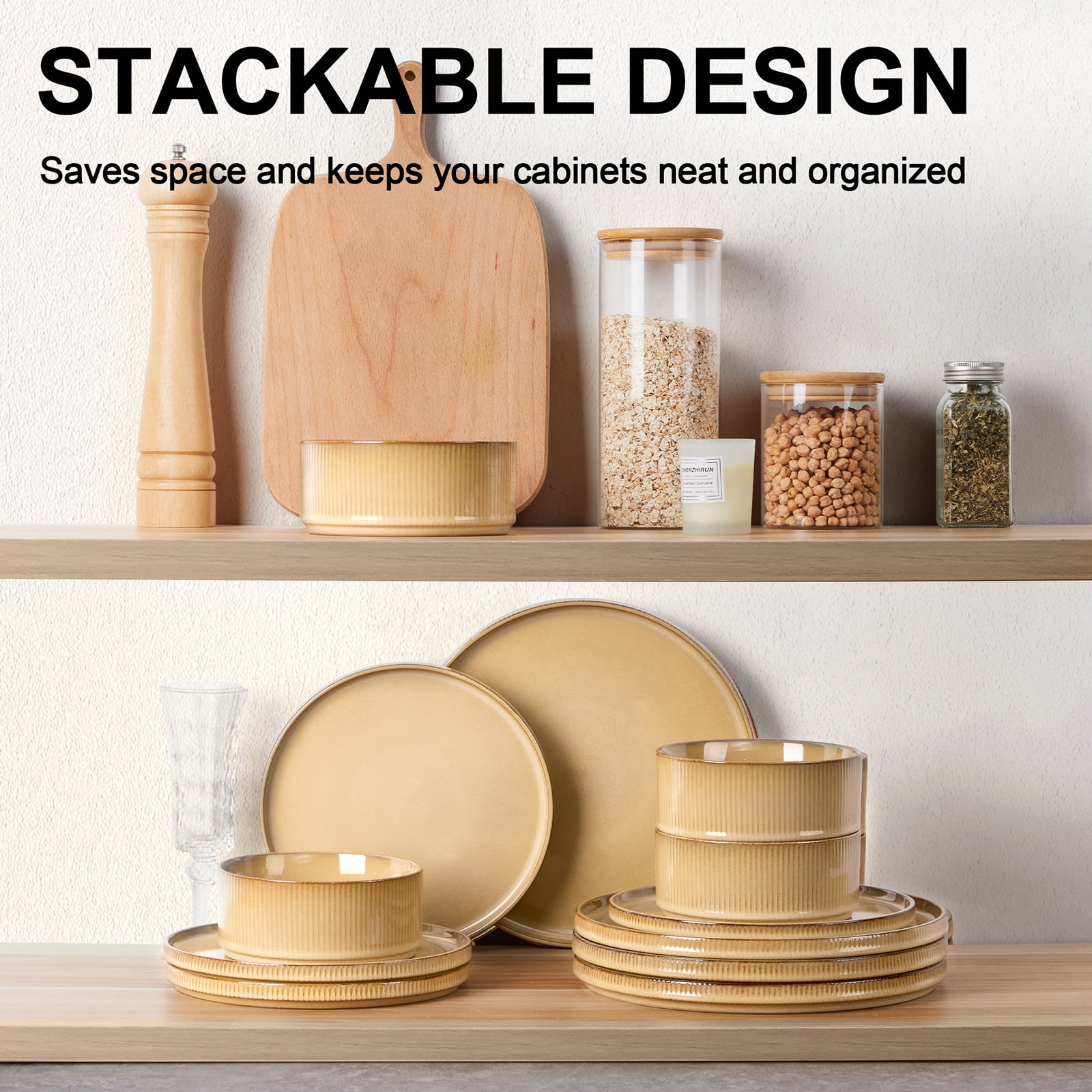 Vesteel 12 Pieces Dinnerware Set for 4, Premium Stoneware Ribbed Dishes, Chip & Scratch Resistant Plates and Bowls Set for Home Restaurant, Microwave and Dishwasher Safe - Speckled White - Image 22