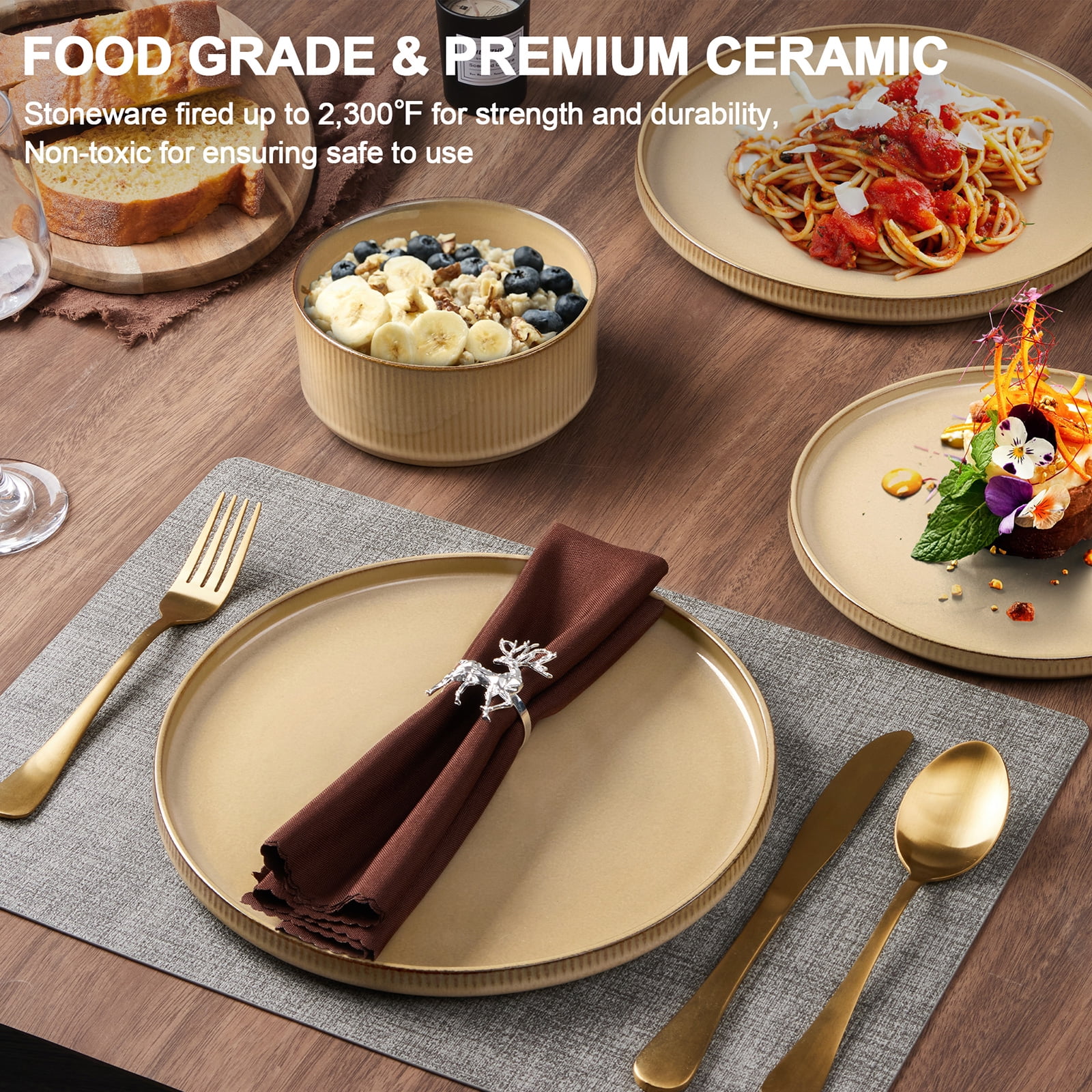 Vesteel 12 Pieces Dinnerware Set for 4, Premium Stoneware Ribbed Dishes, Chip & Scratch Resistant Plates and Bowls Set for Home Restaurant, Microwave and Dishwasher Safe - Speckled White - Image 23