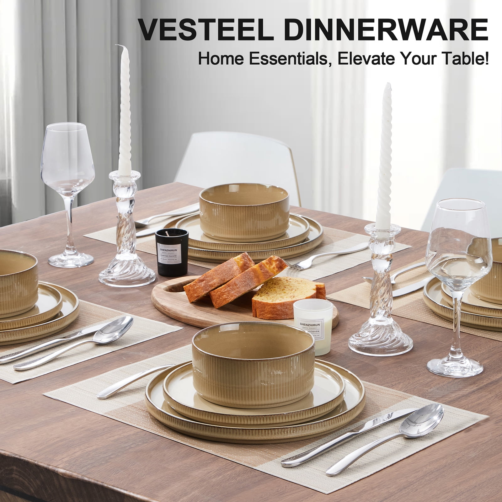 Vesteel 12 Pieces Dinnerware Set for 4, Premium Stoneware Ribbed Dishes, Chip & Scratch Resistant Plates and Bowls Set for Home Restaurant, Microwave and Dishwasher Safe - Speckled White - Image 24